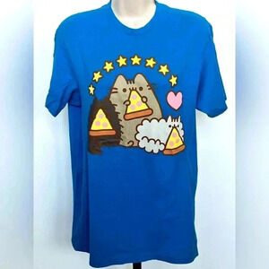 Pusheen eating pizza on blue T-shirt, medium, very good condition